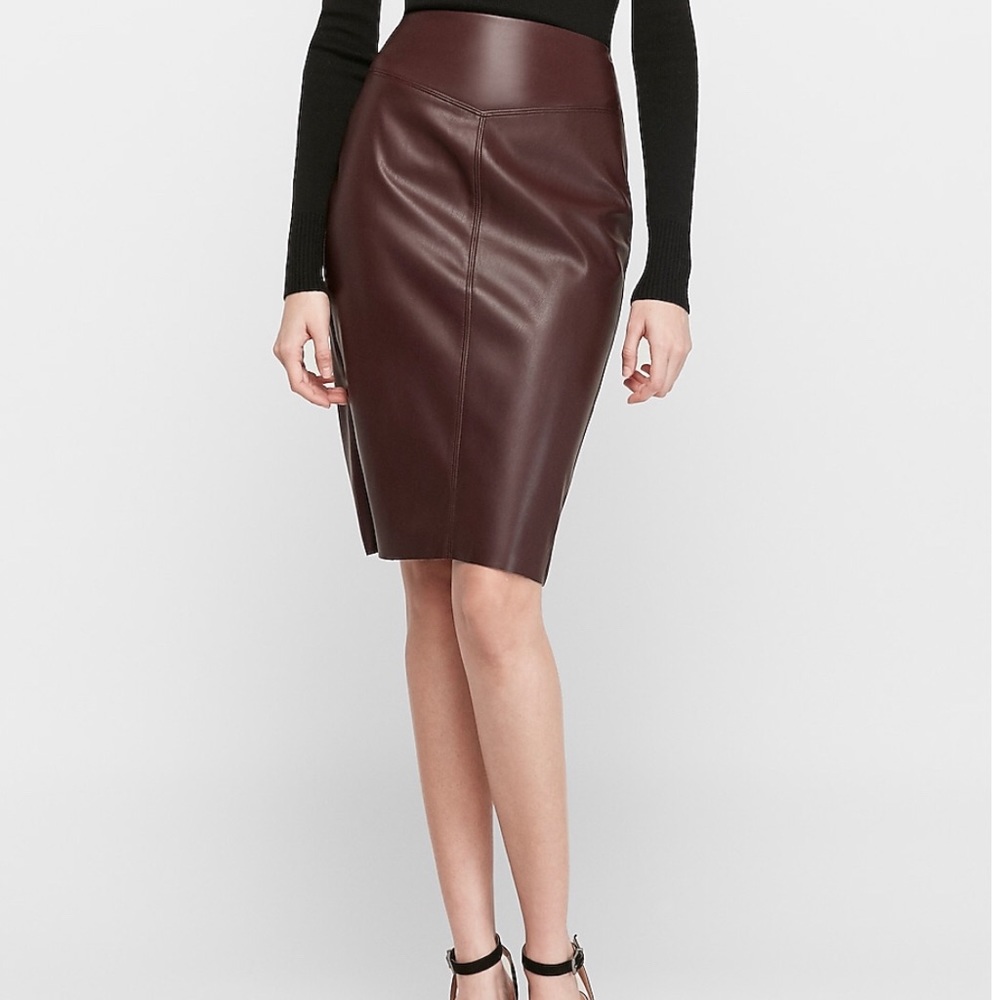 Vegan Brown Leather Seamed Pencil Skirt